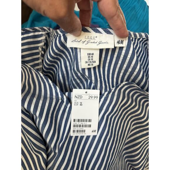 NWT H&M LOGG Blue White Striped Cotton V-Neck Blouse Size 10 Beach Coastal Core - Picture 4 of 5